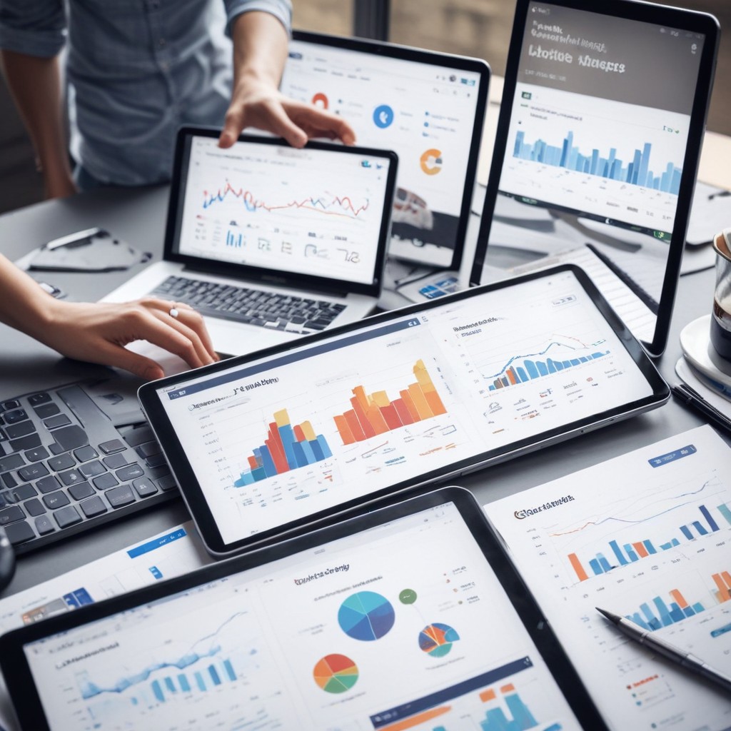 An array of tablets and computer screens showcasing a variety of graphics, charts, and graphs, each depicting data related to AI-driven online marketing strategies. The visuals illustrate the intersection of technology and marketing, highlighting the diverse data analytics and insights utilized in digital marketing campaigns.