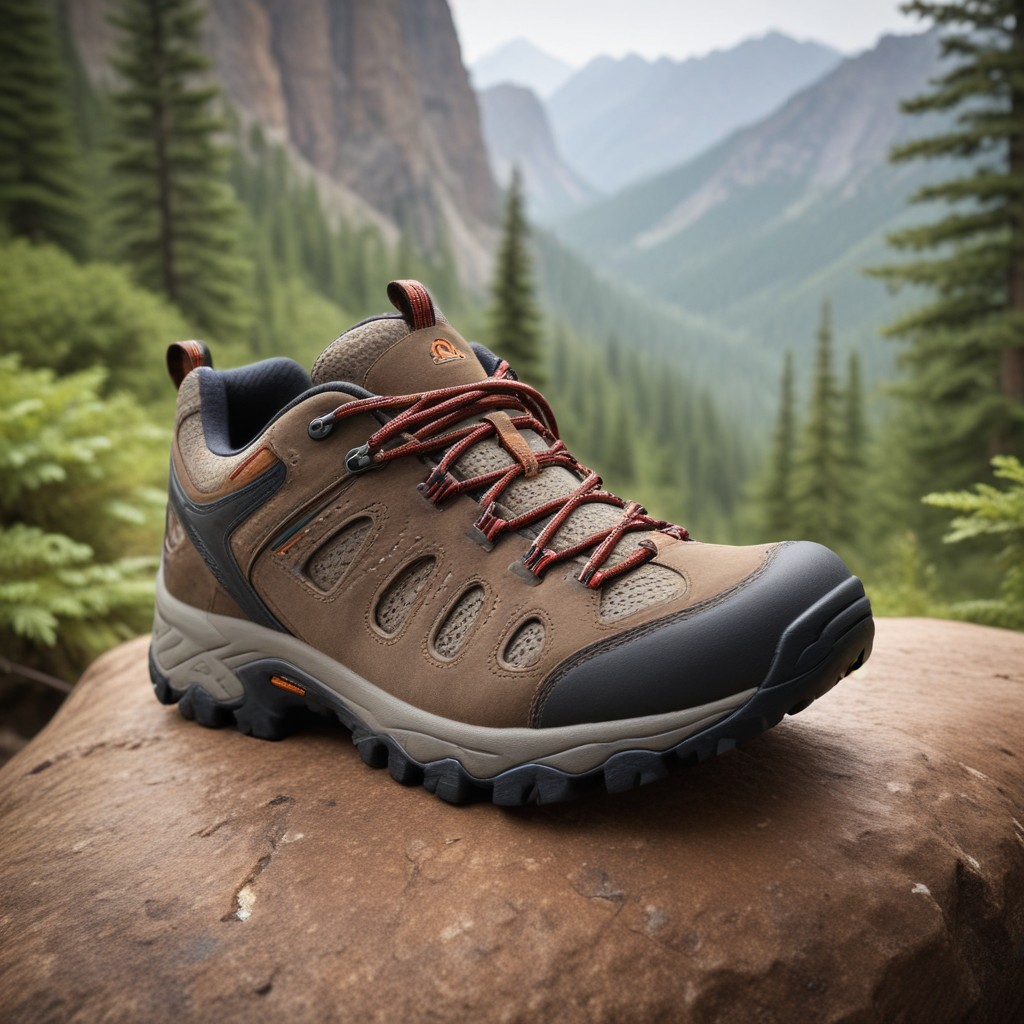 A hiking shoe placed against a picturesque backdrop of lush greenery and rugged terrain, capturing the essence of adventure and outdoor exploration. This AI-generated image serves as a compelling visual for an online marketing campaign promoting hiking shoes. Seamlessly integrating nature and product, it embodies the keywords 'AI', 'Online Marketing', and 'Digital Marketing' by leveraging technology to craft captivating advertisements for outdoor enthusiasts.